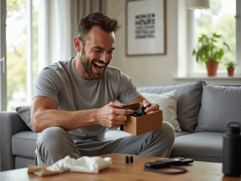 homme-heureux-cadeau-fitness-salon-moderne
